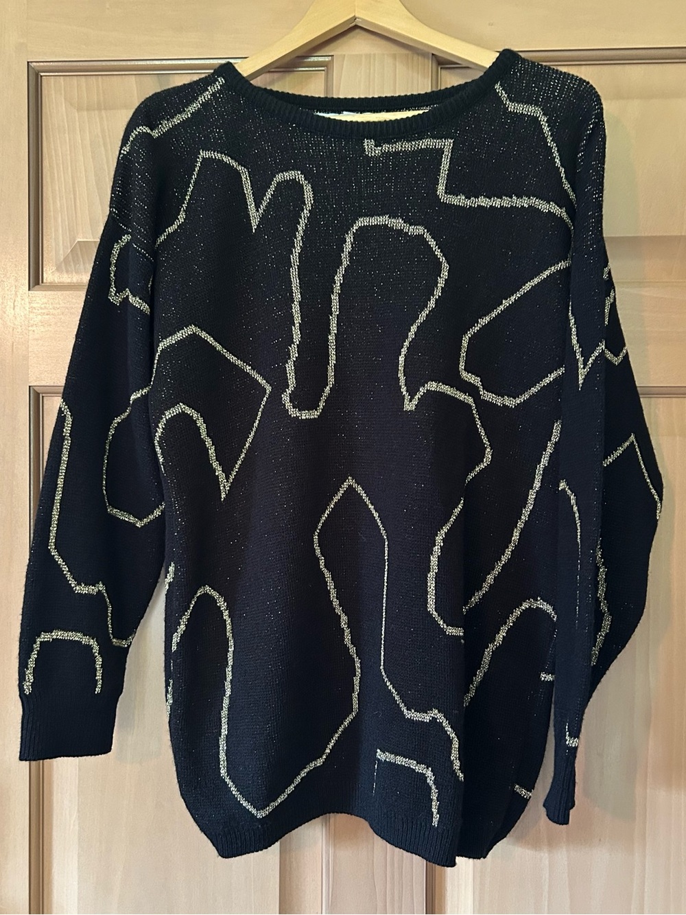 VTG 80s Kate Collins Metallic Line Art Abstract Slouchy Pullover Sweater L Retro